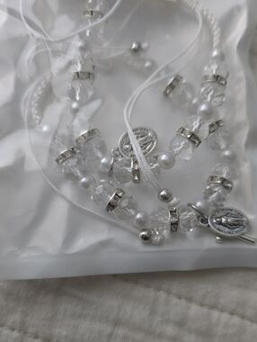 White Beaded Rosary Bracelets with Clear Crystal Accents. Unisex